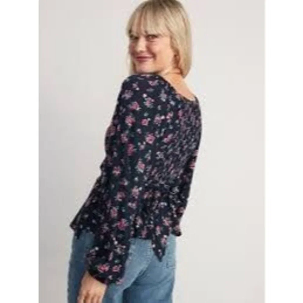 Puff-Sleeve Smocked Wrap Floral Blouse Small